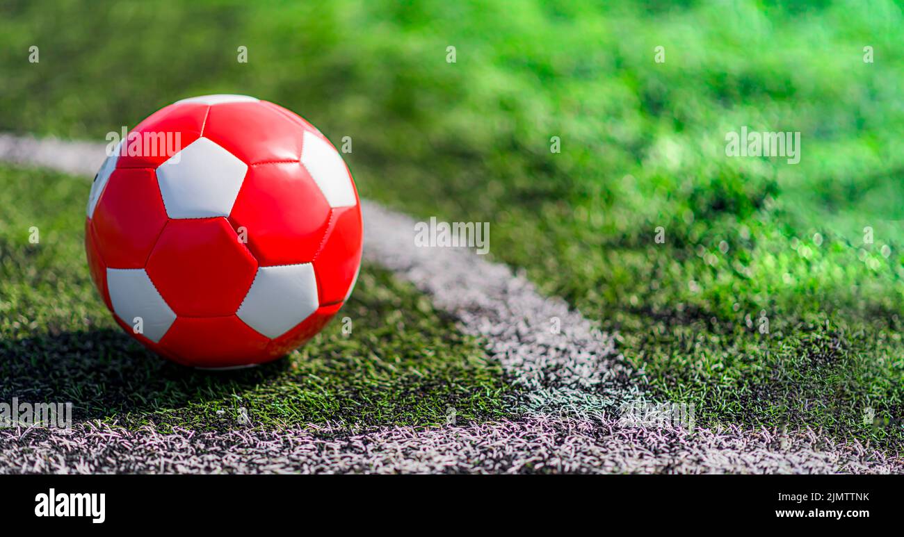 Leather soccer ball on the football pitch Stock Photo Alamy