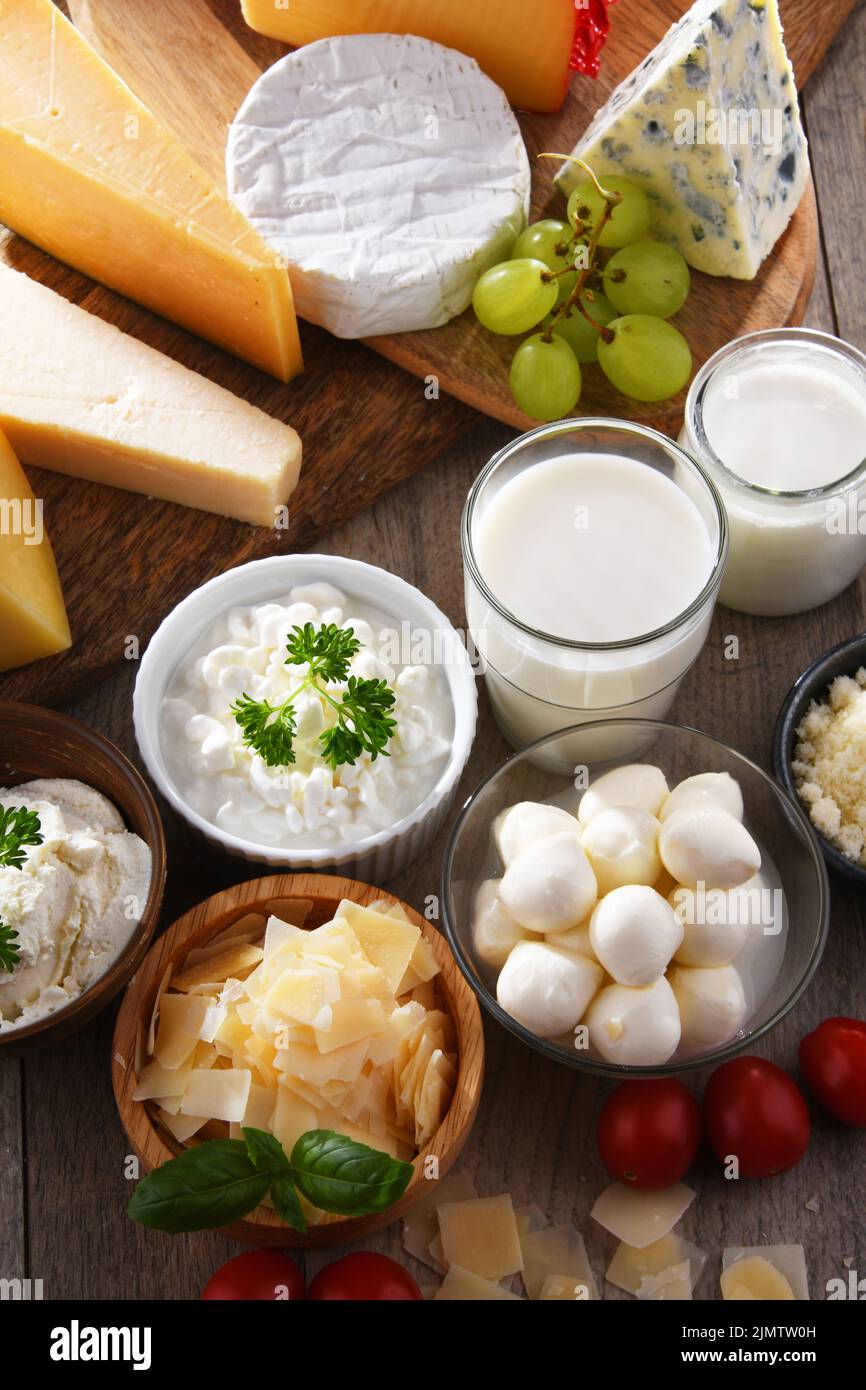 A variety of dairy products including cheese Stock Photo Alamy