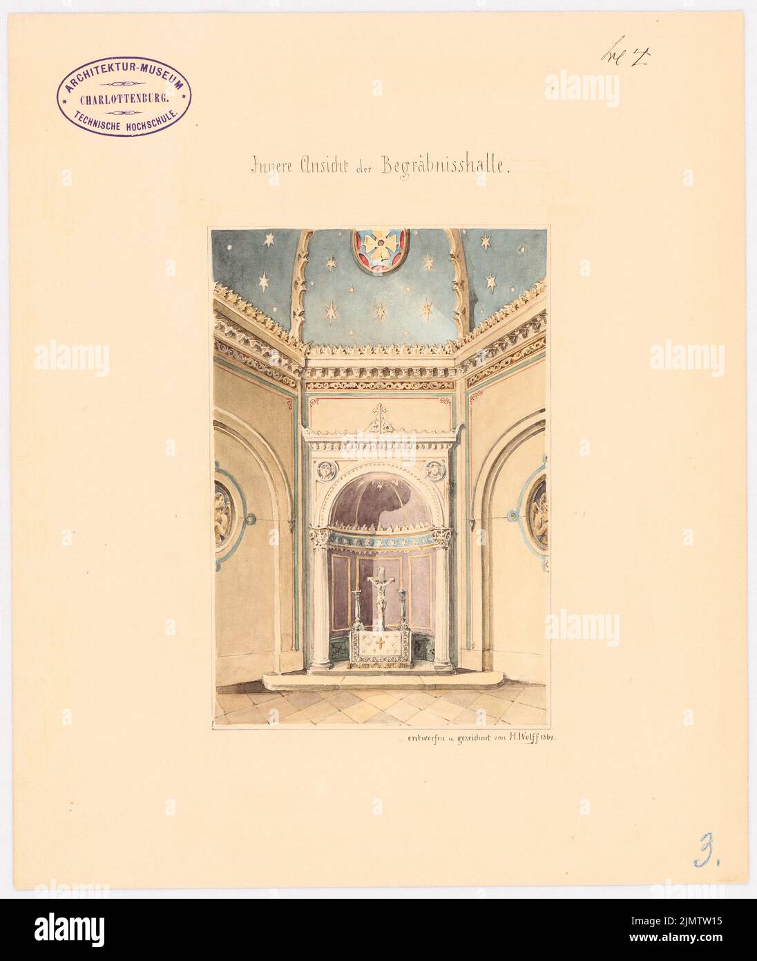 Wolff Heinrich, burial hall, Liegnitz (1864): Perspective interior view. Tusche watercolor on paper, 30 x 25.3 cm (including scan edges) Wolff Heinrich  (geb. 1880): Begräbnishalle, Liegnitz Stock Photo