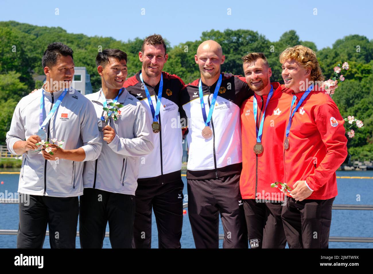 Dartmouth, Canada. August 7th, 2022. Men C2 1000m World Championship Podium, Sebastian Brendel and Tim Hecker from Germany Gold, Hao Liu and Bowen Li from China, take Silver Craig Spence and Bret Himmelman from Canada taking the Bronze. The 2022 ICF Canoe Sprint and Paracanoe World Championships takes place on Lake Banook in Dartmouth (Halifax). Credit: meanderingemu/Alamy Live News Stock Photo