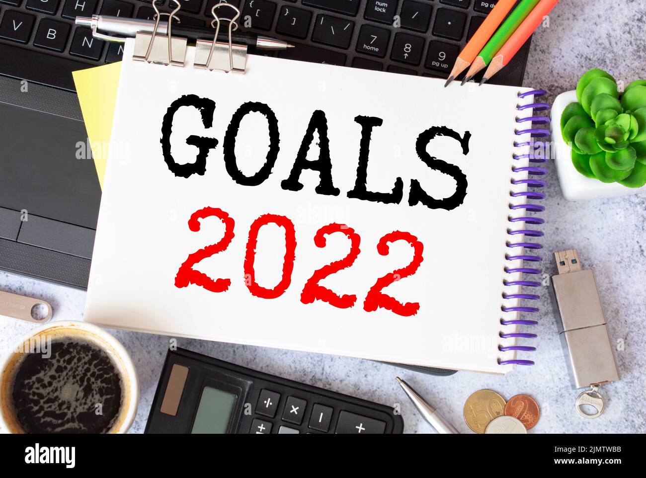 New year 2022. Word writing text GOALS 2022 in a notebook Stock Photo