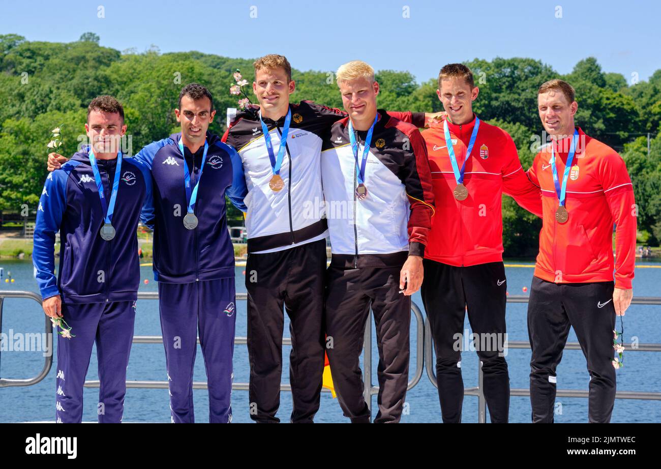 Dartmouth, Canada. August 7th, 2022. Men K2 1000m World Championship Podium, Champion Martin Hiller and Tamas Grossman from Germany take Gold, Samuele Burgo and Andrea Schera from Italy take Silver, and Balint Noe and Tamas Kulifai from Hungary taking the Bronze. The 2022 ICF Canoe Sprint and Paracanoe World Championships takes place on Lake Banook in Dartmouth (Halifax). Credit: meanderingemu/Alamy Live News Stock Photo