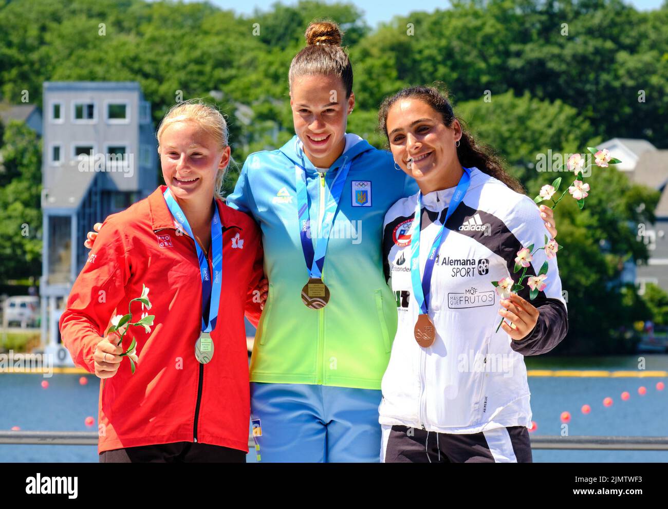 Dartmouth, Canada. August 7th, 2022. Women C2 500m World Championship Podium, Champion Liudmyla Luzan from Ukraine takes her second Gold of the event, Sophia Jensen from Canada takes Silver, and Maria Mailliard from Chile taking the Bronze. The 2022 ICF Canoe Sprint and Paracanoe World Championships takes place on Lake Banook in Dartmouth (Halifax). Credit: meanderingemu/Alamy Live News Stock Photo