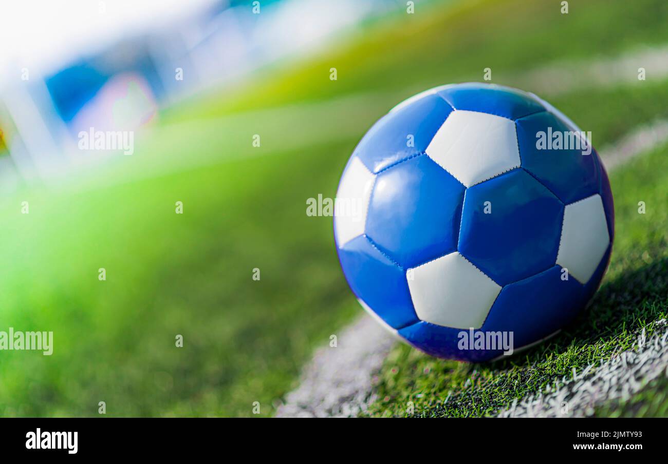 Leather soccer ball on the football pitch Stock Photo Alamy