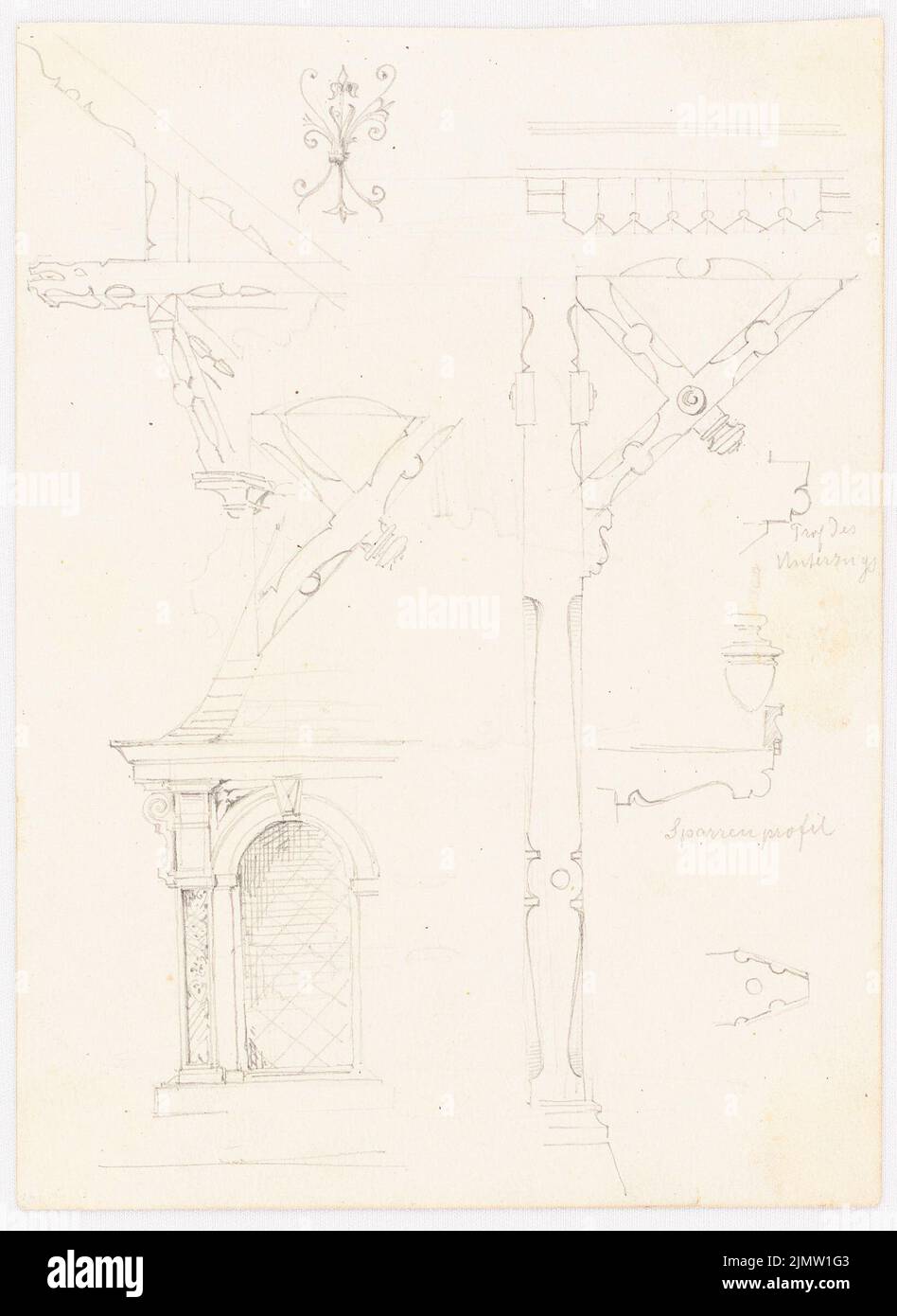 Klingholz Fritz (1861-1921), chandelier, floral motifs, cornice, support etc. (without date): perspective view, view. Pencil on cardboard, 19.1 x 13.9 cm (including scan edges) Klingholz Fritz  (1861-1921): Kronleuchter, florale Motive, Gesimse, Stütze etc. Stock Photo