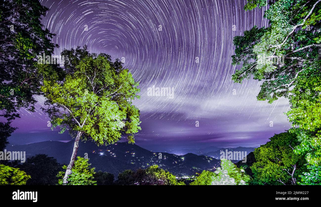 Astrophotography star trails over smoky mountain maggie valley north carolina Stock Photo