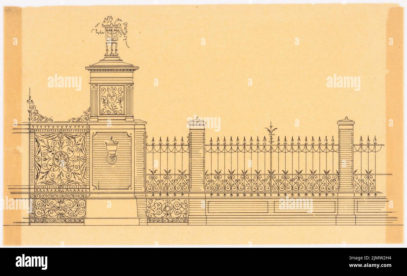 Unknown architect, garden fence and gate (without date): wrought iron enclosure with half of the goal. Ink on transparent, 16.5 x 27.1 cm (including scan edges) N.N. : Gartenzaun und Tor Stock Photo