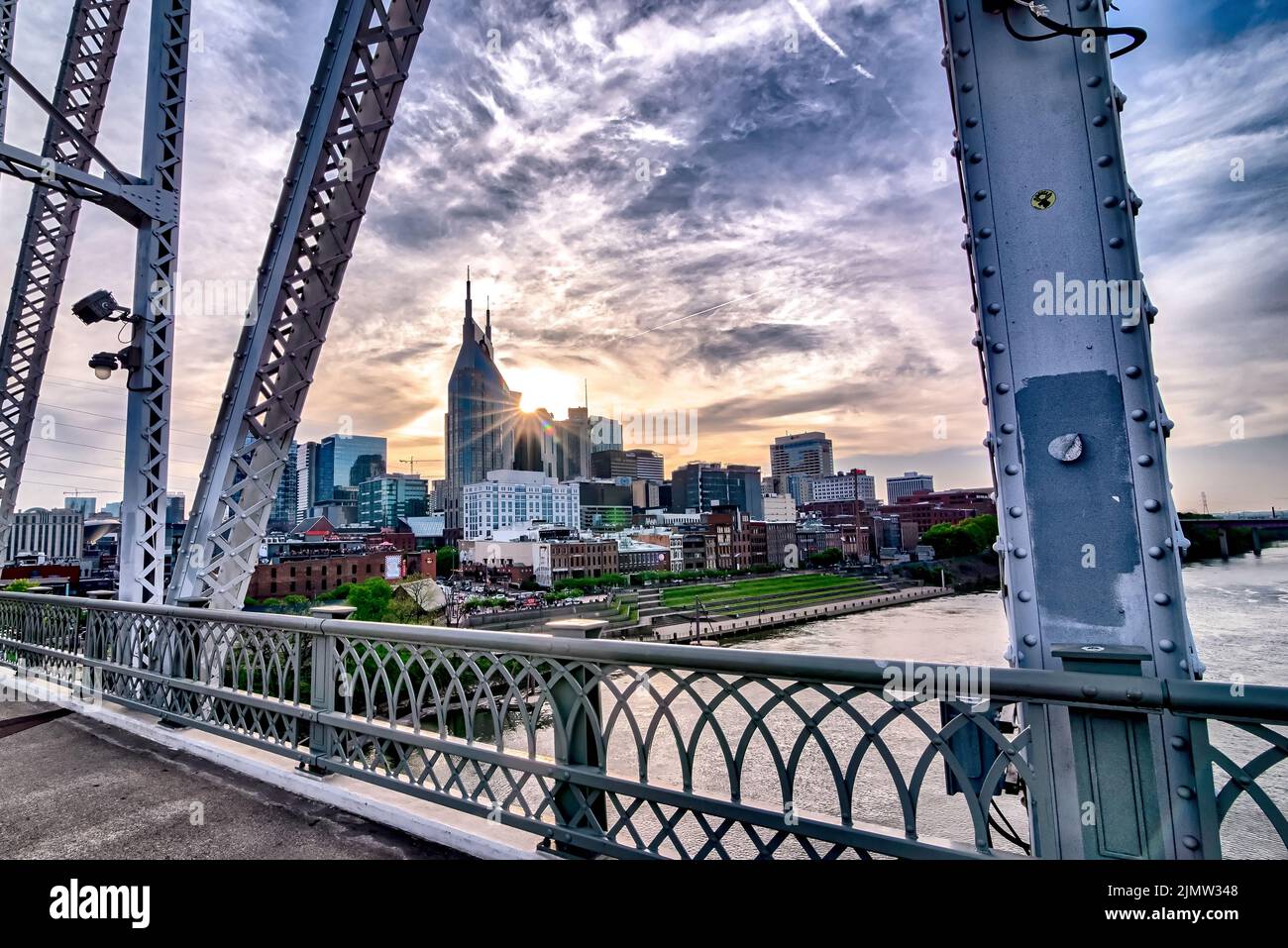Nashville tennessee city skyline at sunset on the waterfrom Stock Photo