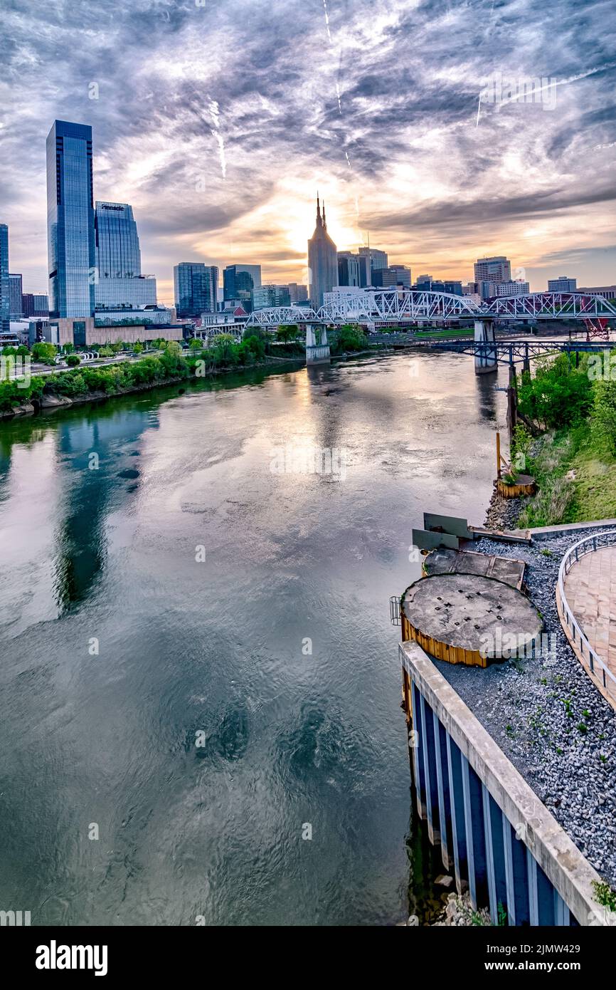 Nashville tennessee city skyline at sunset on the waterfrom Stock Photo
