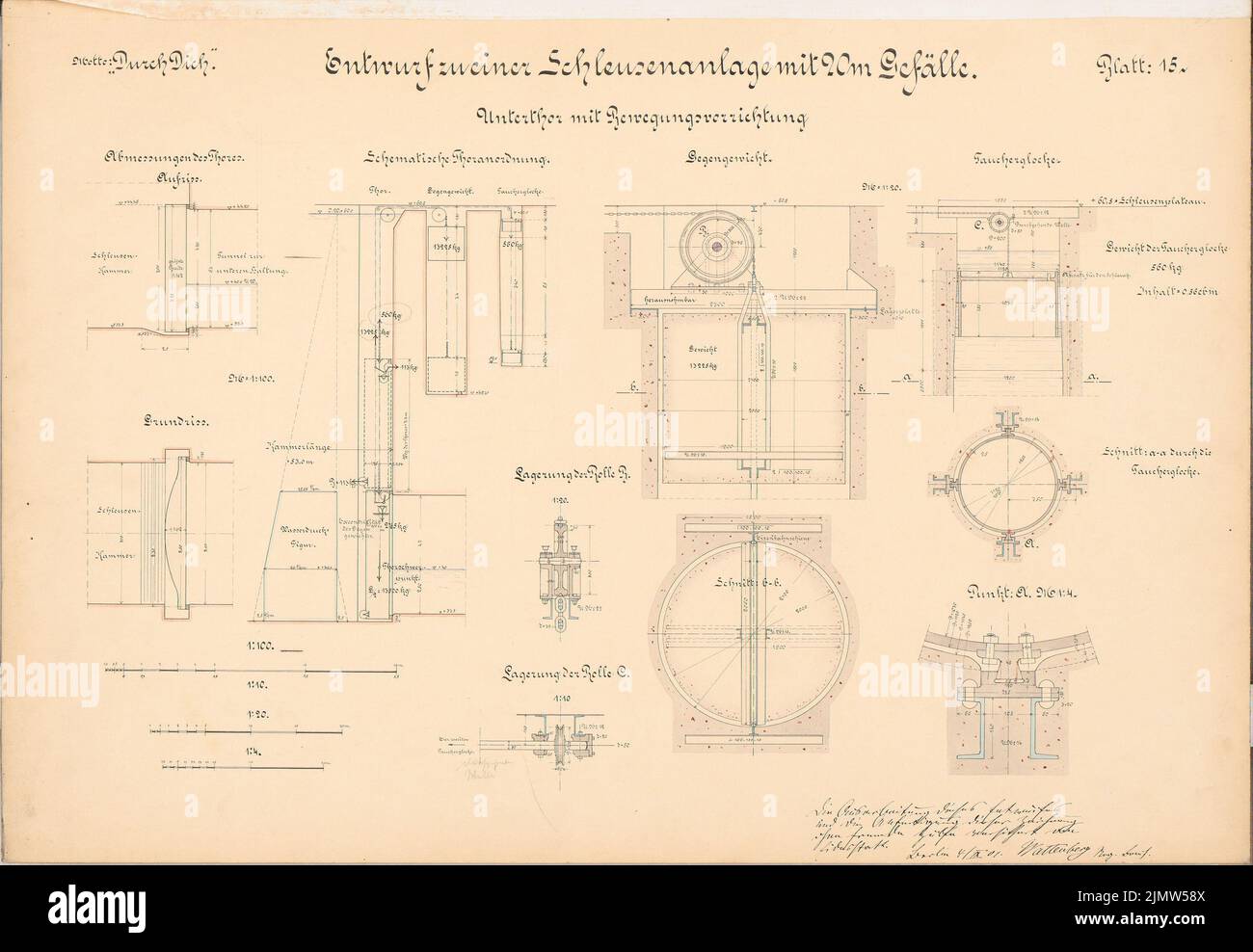 Wattenberg Ernst, lock system near Waren/Müritz. Schinkel competition 1900 (04.11.1901): Untertor with movement device 1: 100, 1:20, 1:10. Tusche watercolor on the box, 47.2 x 68.3 cm (including scan edges) Wattenberg Ernst : Schleusenanlage, Waren/Müritz. Schinkelwettbewerb 1900 Stock Photo