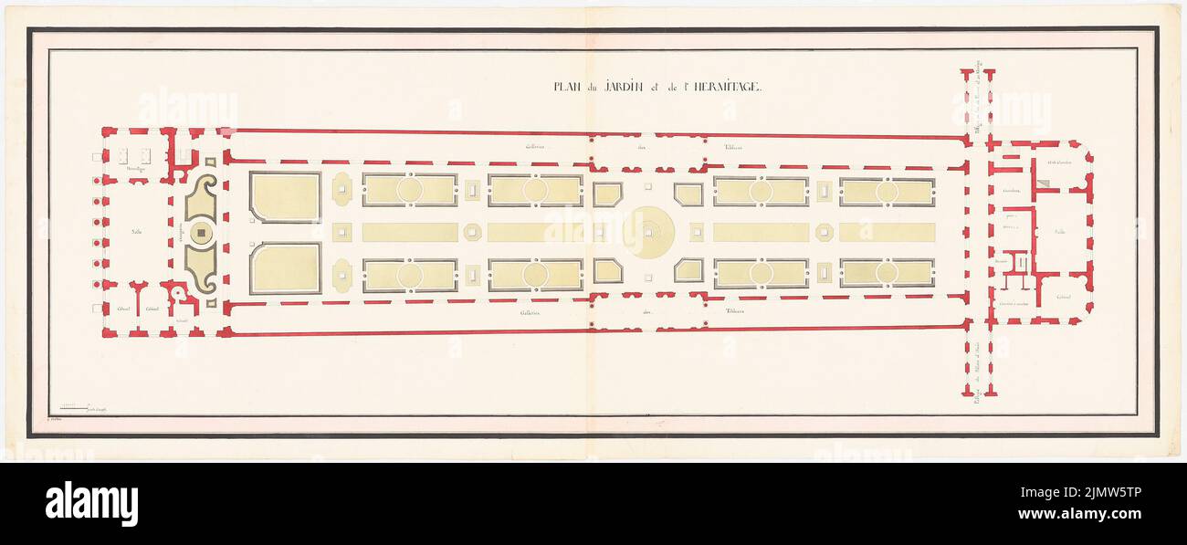 Velten Jurij Matwejewitsch (1730-1801), winter palace with small hermitage and garden, riding hall and stables in St.Petersburg (approx. 1765): floor plan upper floor garden and picture gallery, scale bar. Tusche watercolor on paper, 50.5 x 129.4 cm (including scan edges) Velten Jurij Matwejewitsch  (1730-1801): Winterpalast mit Kleiner Eremitage und Garten, Reithalle und Stallungen, St. Petersburg Stock Photo