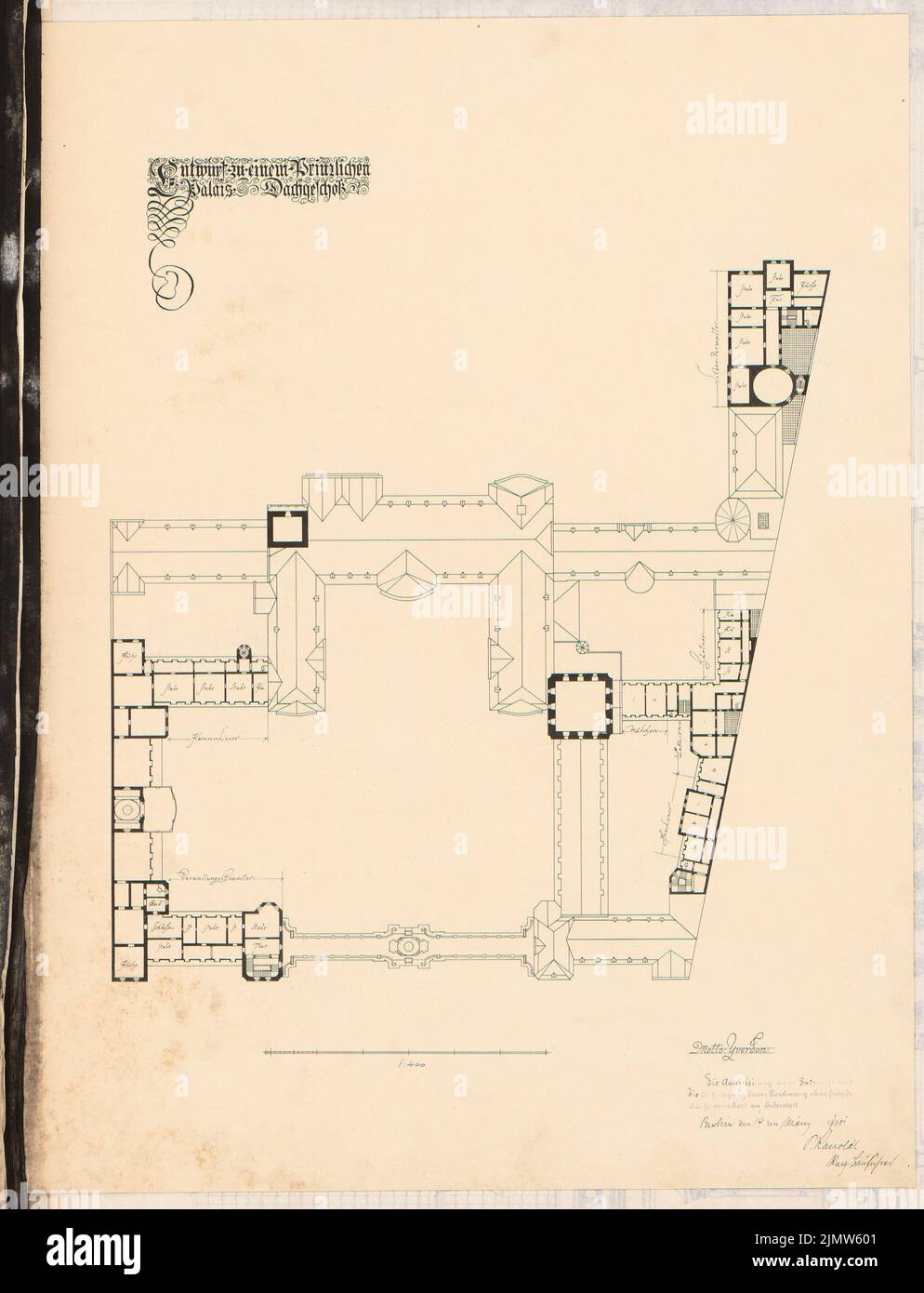 Kanold Paul (1874-1946), Prince Palace in Berlin. Schinkel competition 1901 (14.03.1901): Grundriss attic 1: 400. Ink on cardboard, 62.7 x 48 cm (including scan edges) Kanold Paul  (1874-1946): Prinzliches Palais, Berlin. Schinkelwettbewerb 1901 Stock Photo