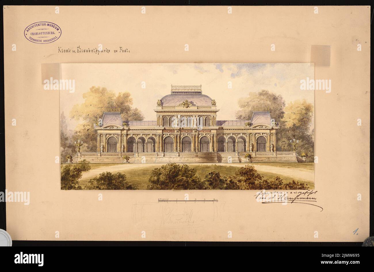 Hauszmann Alajos (1847-1926), kiosk in the Elisabethpark in Pest (1870-1890): View. Watercolor on the box, 29.9 x 45.3 cm (including scan edges) Hauszmann Alajos  (1847-1926): Kiosk im Elisabethpark, Pest Stock Photo