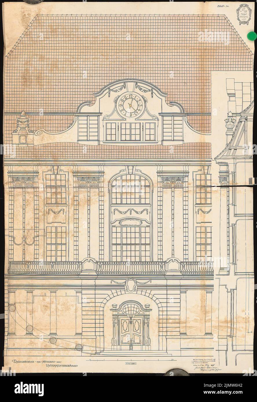 Herrmann Hans Paul (born 1882), educational home. Schinkel competition 1909: teaching building. View of the middle construction (excerpt) 1:20. Tusche watercolor on the box, 139.70 x 91.50 cm (including scan edge). Architecture Museum of the Technical University of Berlin Inv. No. SW-A 1909-30. Herrmann Hans Paul  (geb. 1882): Erziehungsheim. Schinkelwettbewerb 1909 Stock Photo