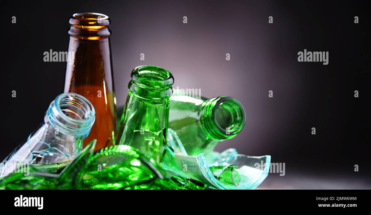 Broken glass bottles and pieces of glass. Recycling Stock Photo Alamy