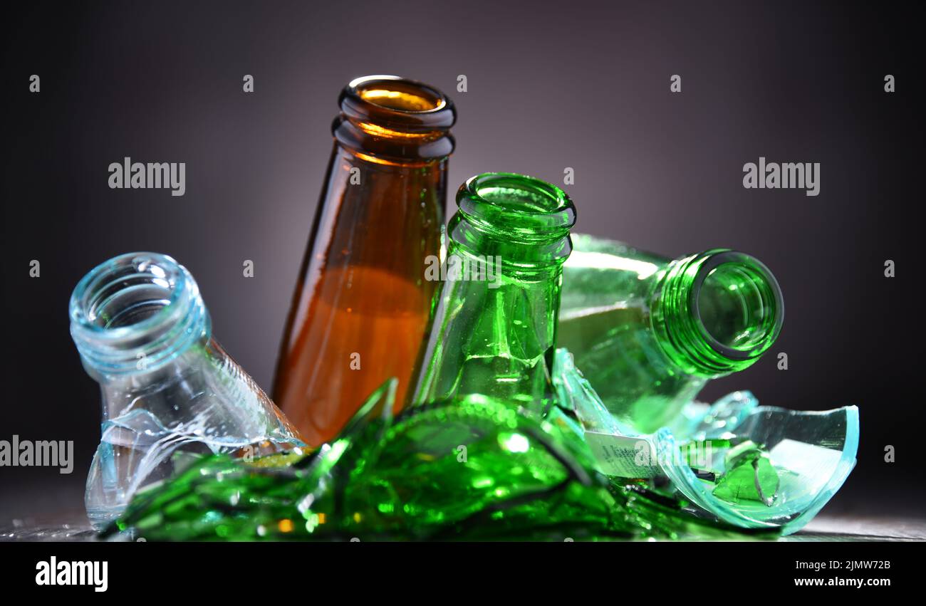 Broken glass bottles and pieces of glass. Recycling Stock Photo Alamy