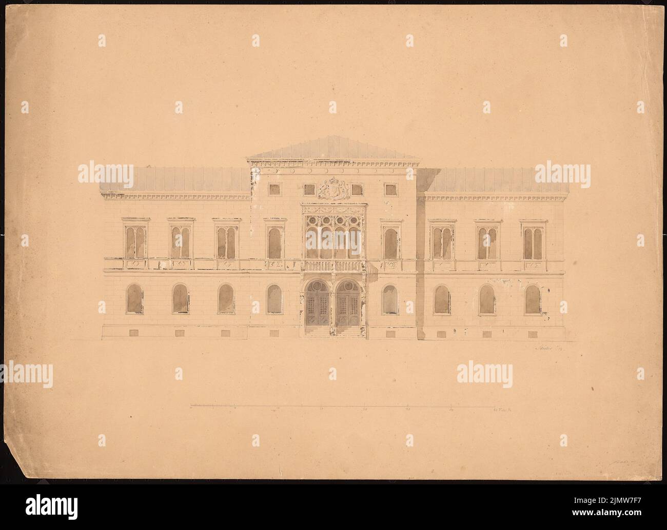 Stüler August (1800-1865), Palais of the Prince of Hohenzollern-Hechlingen in Löwenberg (1853): View, scale bar in foot. Pencil and ink watercolor on the box, 44.1 x 60.7 cm (including scan edges) Stüler Friedrich August  (1800-1865): Palais des Fürsten von Hohenzollern-Hechlingen, Löwenberg Stock Photo