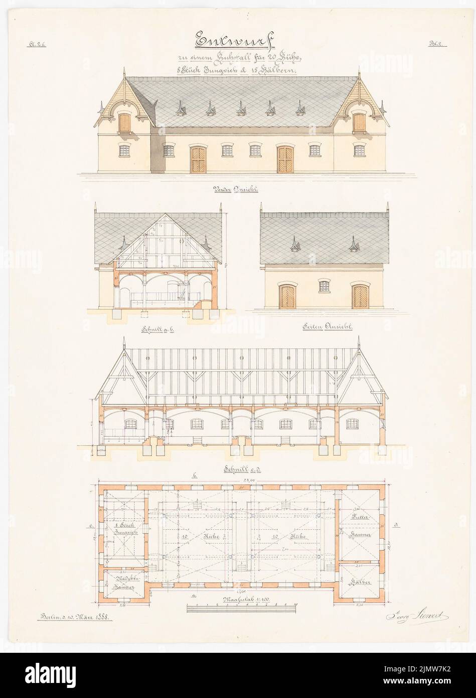 Siewert Georg, cowshed for 20 cows, 8 young cattle and 15 calves (10.03.1888): View, side view, cut A-B, cut C-D, floor plan 1: 100. Ink, pencil, ink colored, watercolor on cardboard, 65.8 x 48 cm (including scan edges) Siewert Georg : Kuhstall für 20 Kühe, 8 Jungvieh und 15 Kälber Stock Photo