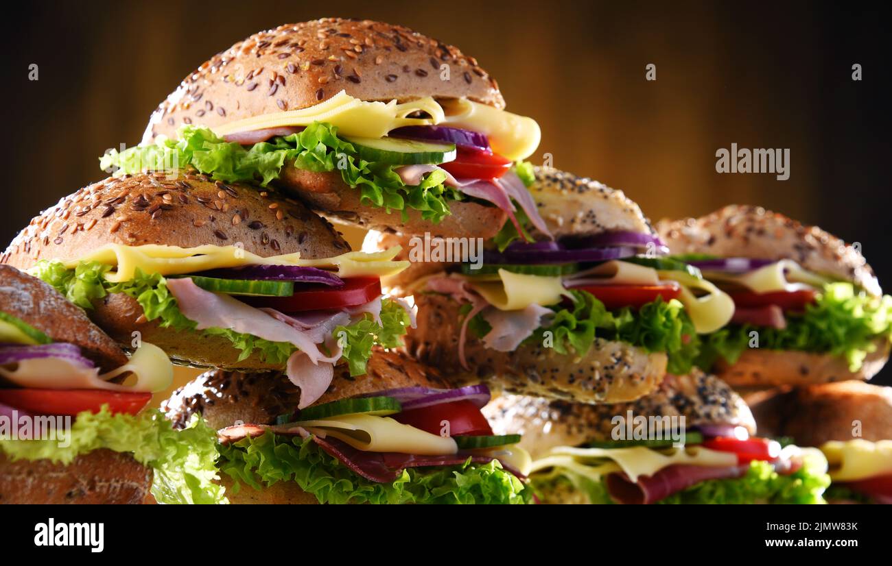 Ham and cheese sandwiches displayed for sale Stock Photo Alamy