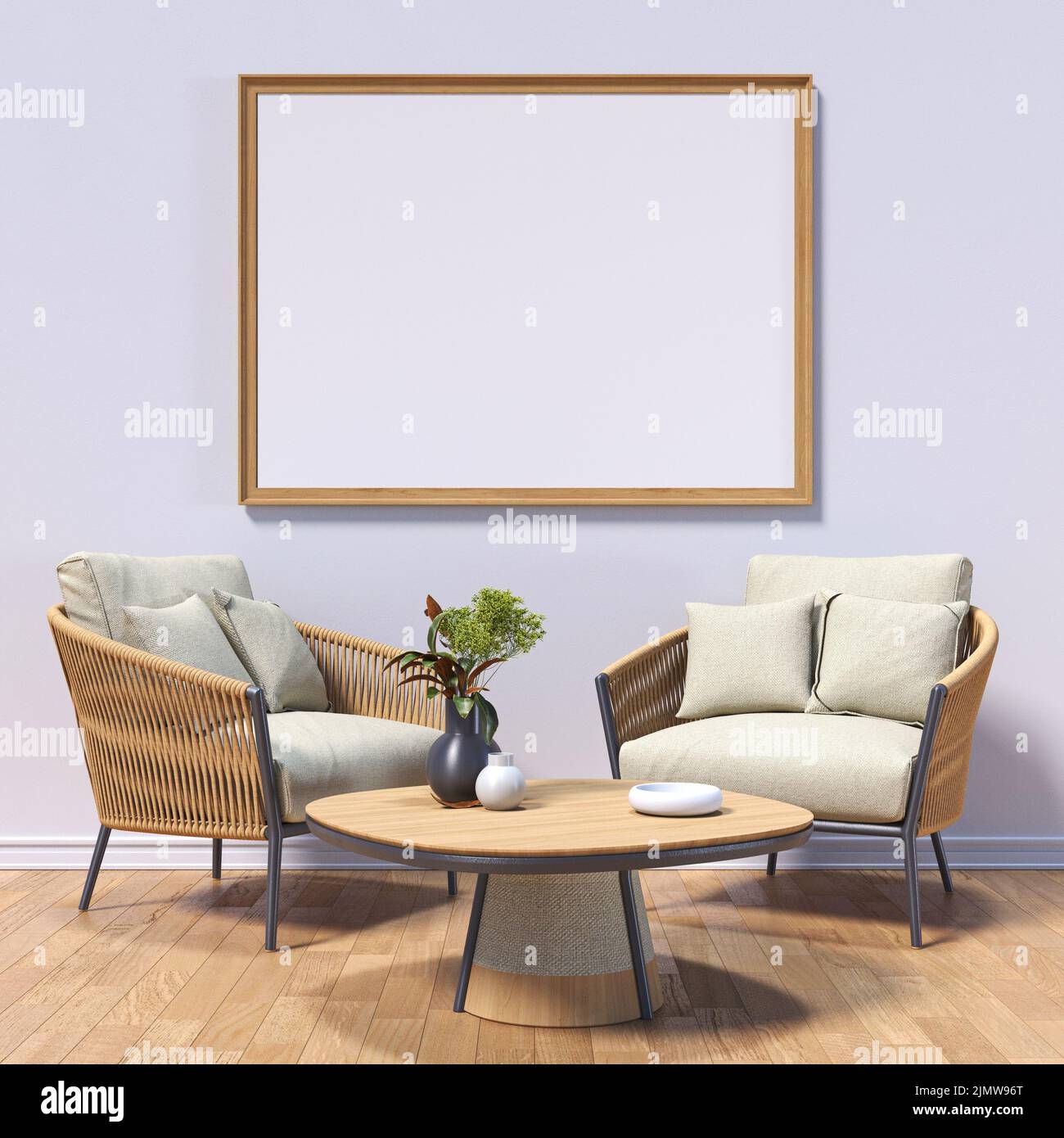 Mock up poster frames with two wooden armchairs  in modern interior Stock Photo