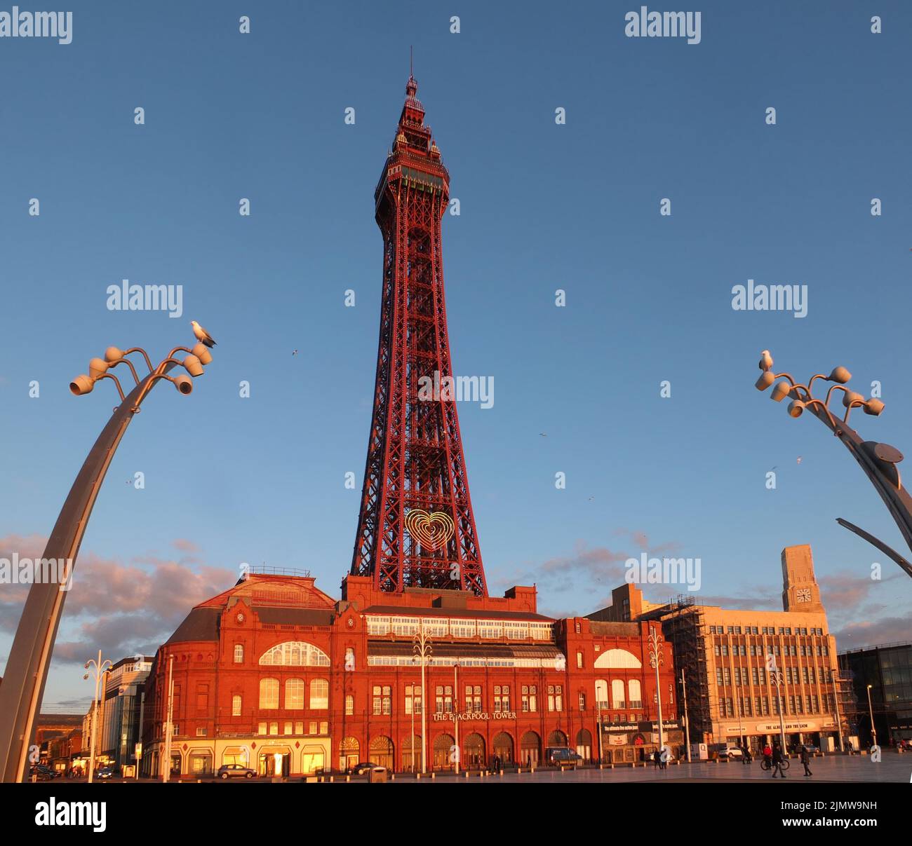 Blackpool tower and town buildings in late afternoon sunlight and