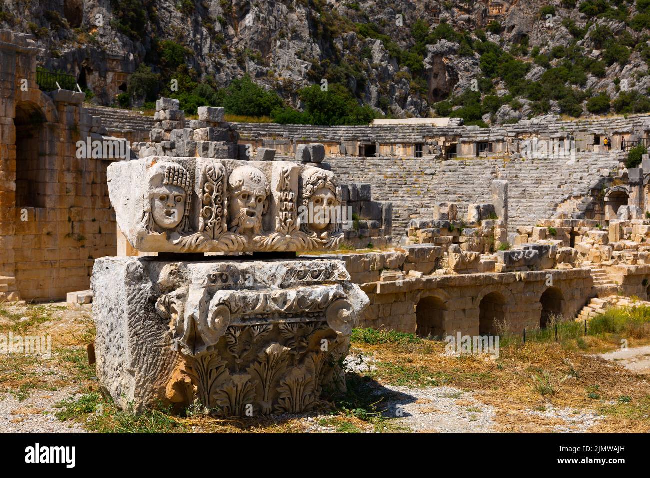 Sculptural element on ruins of Roman theater in ancient Lycian city of ...