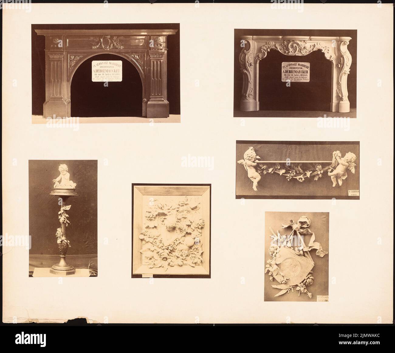 Unknown photographer, fireplace cladding, arts and crafts (before 1900): View of two fireplace cladding from marble and four craftsmanship wood carvings. Photo on paper on cardboard, 47.3 x 57.3 cm (including scan edges) unbek. Künstler : Kaminverkleidung, Kunstgewerbe-Objekte Stock Photo