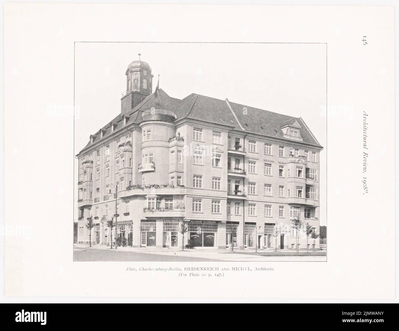 Michel Paul sen. (1877-1938), residential and commercial building on Kaiserdamm 26, Berlin-Charlottenburg (11.1908): View facade from Kaiserdamm. Special print from: Architectural Review, Jg. 13 (1908) No. 11, pp. 145, 147. Print on paper, 19.2 x 25.2 cm (including scan edges) Michel Paul sen.  (1877-1938): Wohn- und Geschäftshaus am Kaiserdamm 26,  Berlin-Charlottenburg Stock Photo