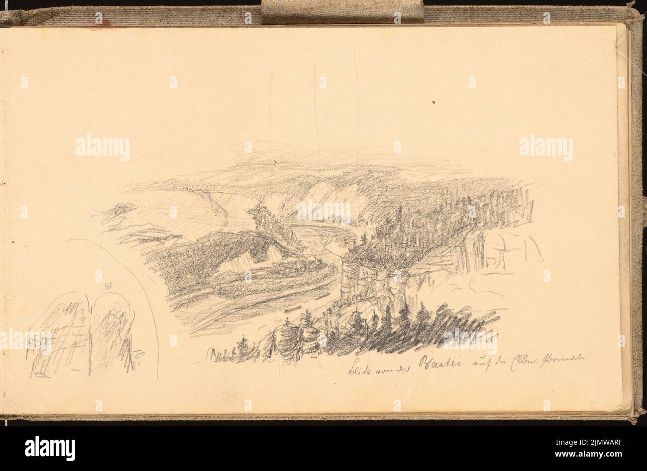 Michel Paul sen. (1877-1938), sketchbook. 1898-99 (1898): View from the Bastei to the Elbe, perspective view. Pencil on paper, 13.8 x 20.9 cm (including scan edges) Michel Paul sen.  (1877-1938): Skizzenbuch. 1898-99 Stock Photo