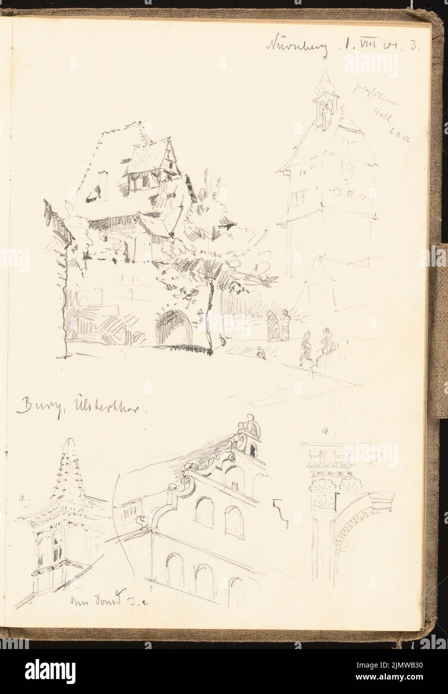Michel Paul sen. (1877-1938), sketchbook. 1901 (01.08.1901): Burg, town houses in Nuremberg, perspective views, view. Pencil on paper, 24.4 x 16.8 cm (including scan edges) Michel Paul sen.  (1877-1938): Skizzenbuch. 1901 Stock Photo