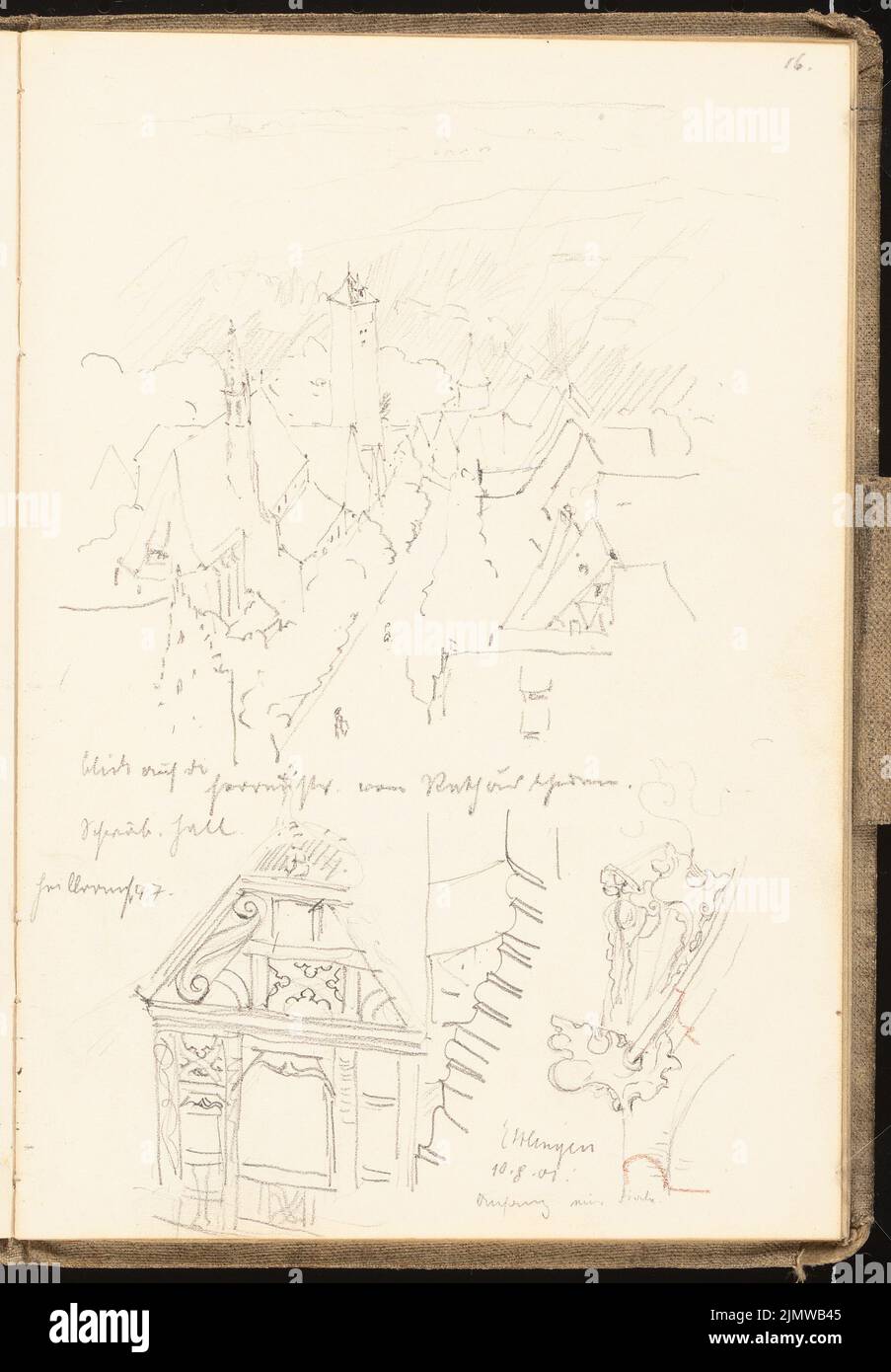 Michel Paul sen. (1877-1938), sketchbook. 1901 (10.08.1901): View of Schwäbisch Hall from the town hall tower, gable of a half -timbered house, Fiale in Esslingen. Pencil, colored pencil on paper, 24.3 x 16.9 cm (including scan edges) Michel Paul sen.  (1877-1938): Skizzenbuch. 1901 Stock Photo