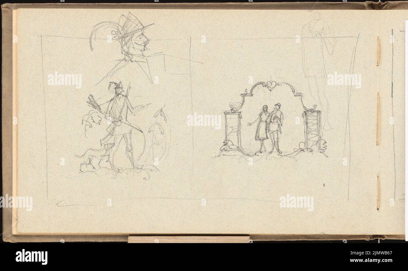 Michel Paul sen. (1877-1938), sketchbook. 1915 France (04.03.1915): Image fields of hunters and lovers in a archway. Pencil on paper, 16.2 x 27.2 cm (including scan edges) Michel Paul sen.  (1877-1938): Skizzenbuch. 1915 Frankreich Stock Photo