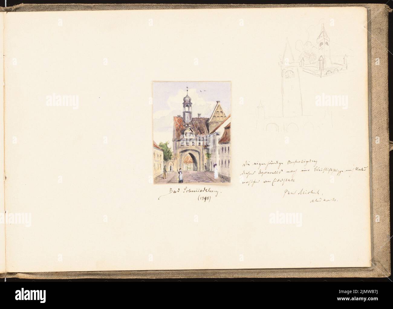 Michel Paul sen. (1877-1938), sketchbook. 1899 (July 23, 1899): Torhaus in Bad Schmiedeberg, perspective view, 2 views of a monument. Pencil watercolored, white heighted on cardboard; Pencil on paper, 18.6 x 25.9 cm (including scan edges) Michel Paul sen.  (1877-1938): Skizzenbuch. 1899 Stock Photo