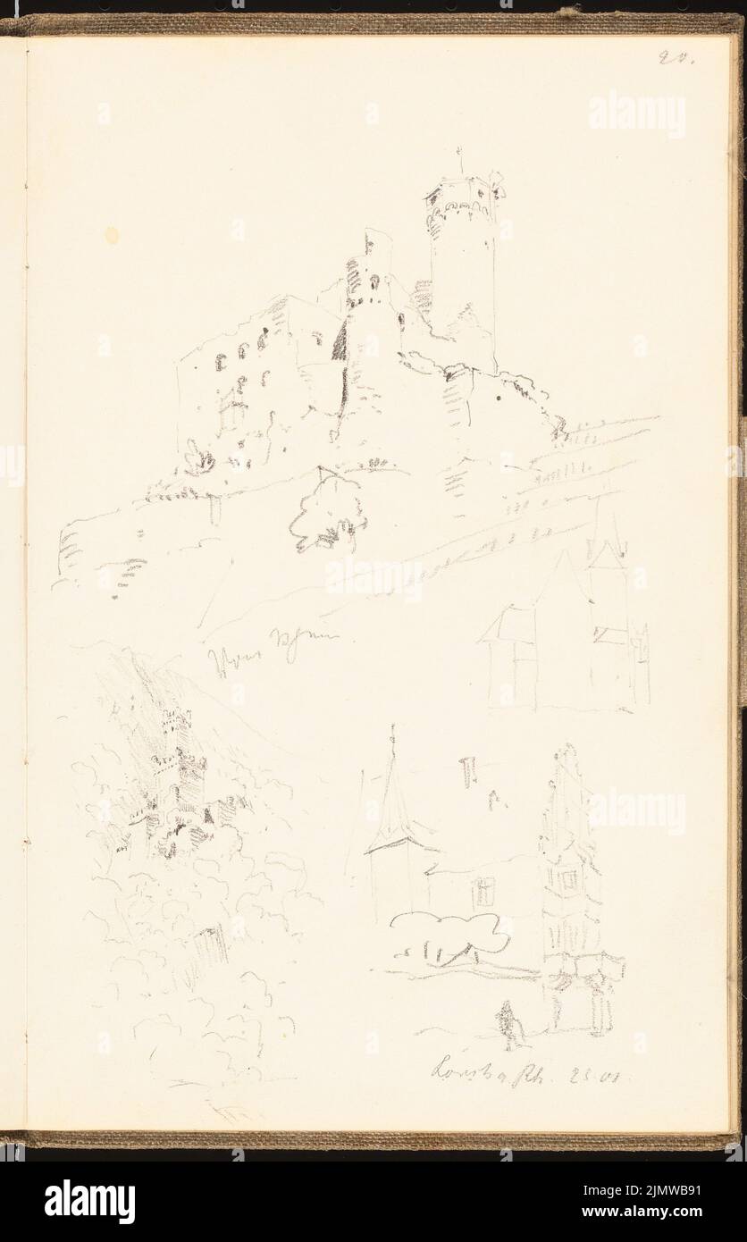 Michel Paul sen. (1877-1938), sketchbook. 1901 (25.08.1901): Burg, Haus am Rhein, perspective views. Pencil on paper, 24.2 x 15.5 cm (including scan edges) Michel Paul sen.  (1877-1938): Skizzenbuch. 1901 Stock Photo