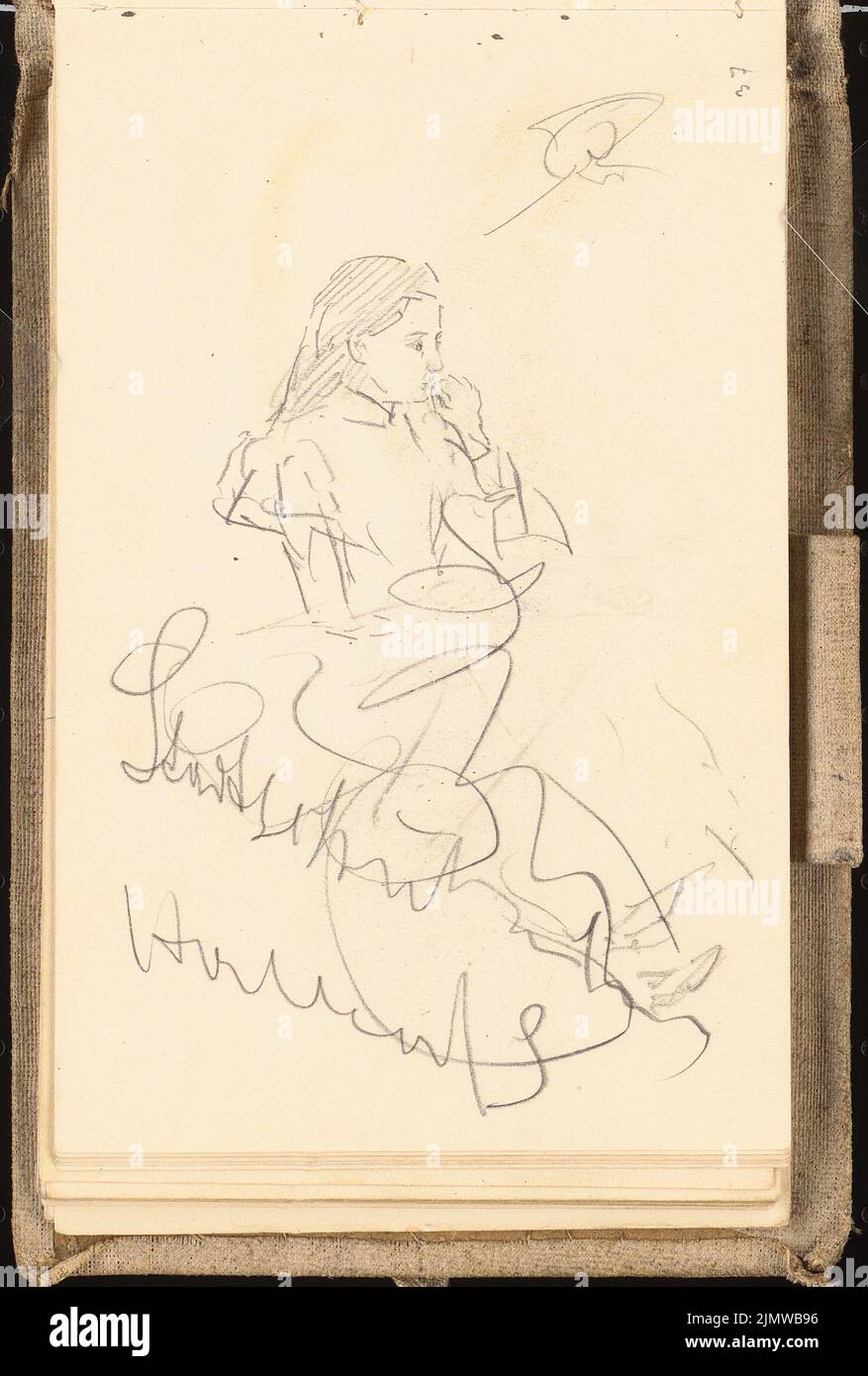 Michel Paul sen. (1877-1938), sketchbook (approx. 1900): Sitting girl (whole figure). Pencil on paper, 18.5 x 12.5 cm (including scan edges) Michel Paul sen.  (1877-1938): Skizzenbuch Stock Photo