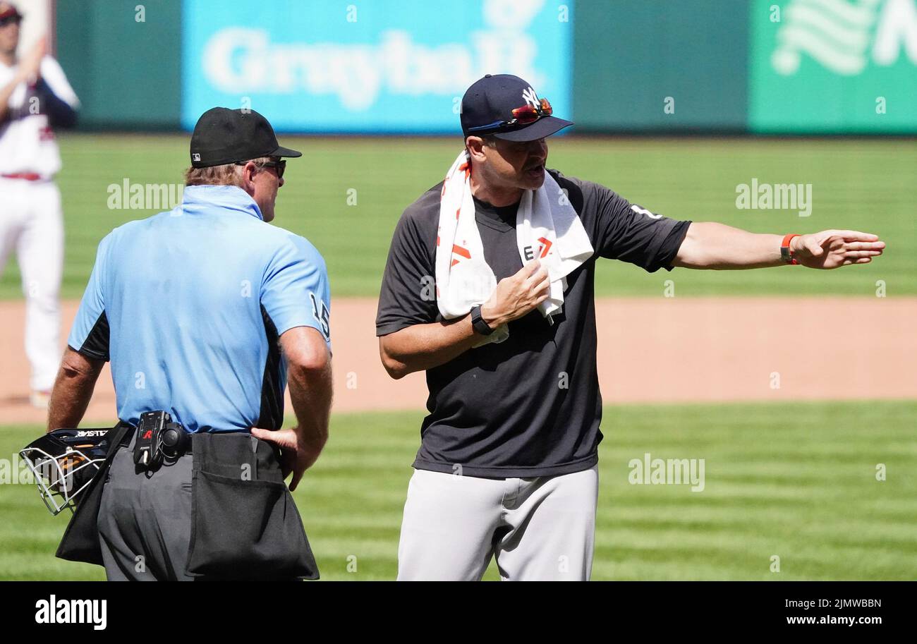 St. Louis, United States. 07th Aug, 2022. New York Yankees Manager Aaron Boone pleads his case for balls and strikes to home plate umpire Ed Hickox after being ejected in the fifth inning against the St. Louis Cardinals at Busch Stadium in St. Louis on Sunday, August 7, 2022. Photo by Bill Greenblatt/UPI Credit: UPI/Alamy Live News Stock Photo