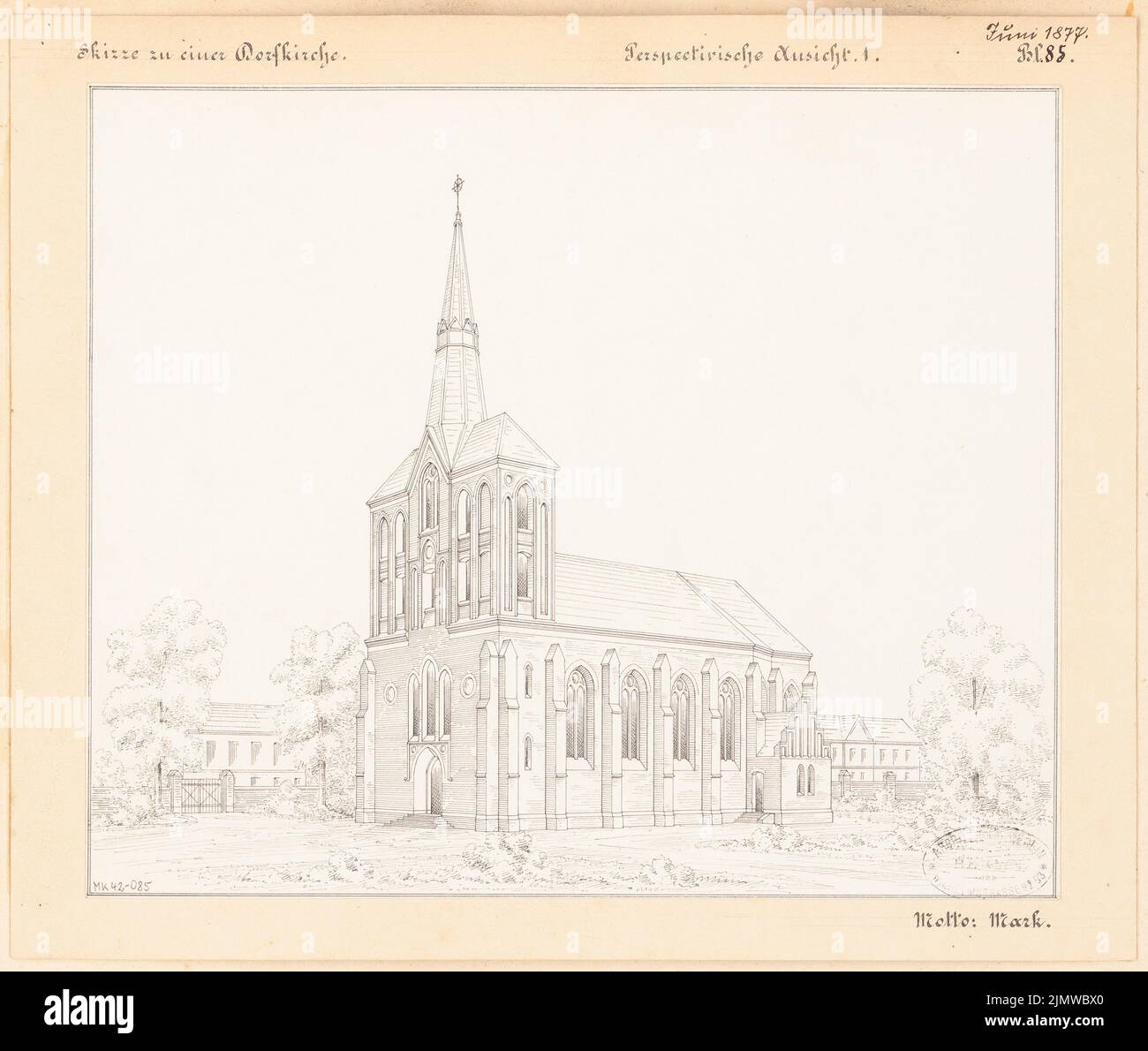 Unknown architect, two -aisled village church in Märkisches Brick for 300 seats. Monthly competition June 1877 (06.1877): Perspective view (variant 1). Ink on paper, 28.5 x 33.7 cm (including scan edges) N.N. : Zweischiffige Dorfkirche in märkischem Backstein für 300 Sitzplätze. Monatskonkurrenz Juni 1877 Stock Photo