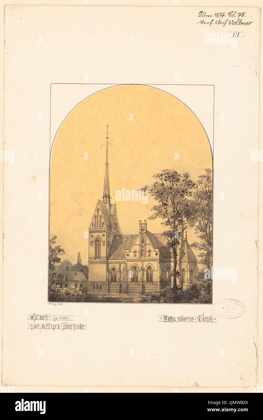 Vollmer Johannes (1845-1920), two-aisled village church in Märkische Backstein for 300 seats. Monthly competition June 1877 (06.1877): Perspective view. Tusche watercolor on transparent, 44.7 x 30 cm (including scan edges) Vollmer Johannes  (1845-1920): Zweischiffige Dorfkirche in märkischem Backstein für 300 Sitzplätze. Monatskonkurrenz Juni 1877 Stock Photo