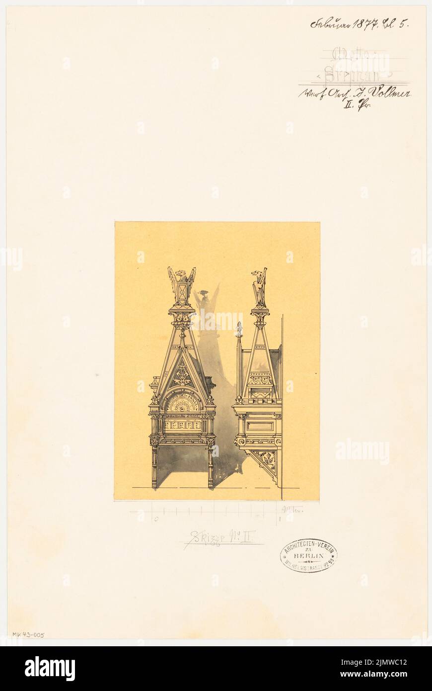 Vollmer Johannes (1845-1920), mailbox for the Reichspost. Monthly competition February 1877 (02.1877): Variant I: Upper front view, side view; Scale bar. Tusche watercolor on transparent, 43.6 x 29.2 cm (including scan edges) Vollmer Johannes  (1845-1920): Briefkasten für die Reichspost. Monatskonkurrenz Februar 1877 Stock Photo