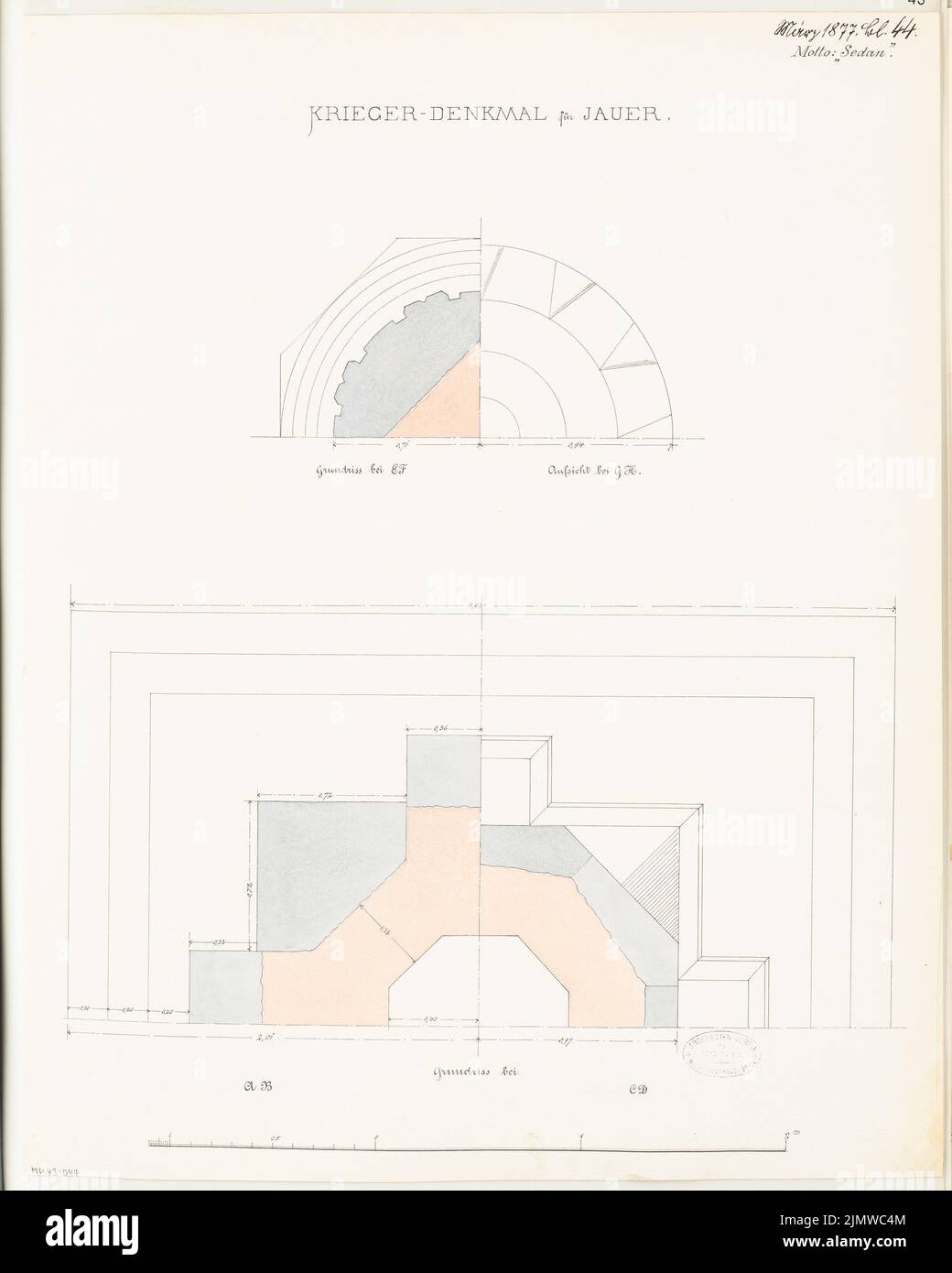 Unknown architect, a fallen monument in Jauer. Monthly competition March 1877 (03.1877): floor plans of 4 levels; Scale bar. Tusche watercolor on the box, 58 x 46.4 cm (including scan edges) N.N. : Gefallenendenkmal, Jauer. Monatskonkurrenz März 1877 Stock Photo