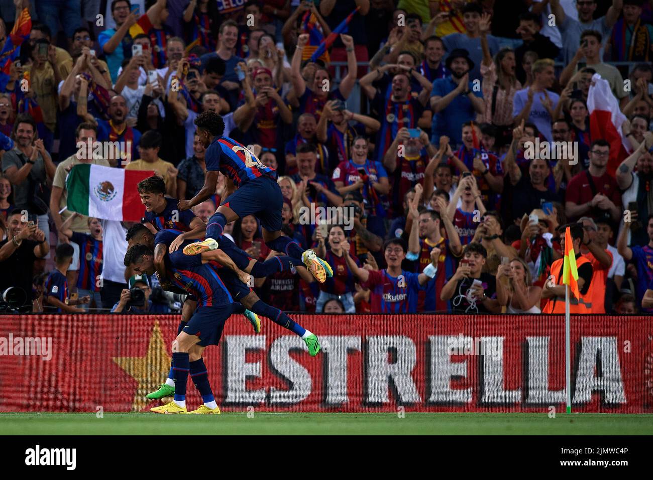 Barcelona, Barcelona. 7th Aug, 2022. Barcelona's players celebrate a goal during the 2022 Joan Gamper Trophy friendly football match between FC Barcelona of Spain and Pumas UNAM of Mexico, in Barcelona, Spain on Aug. 7, 2022. Credit: Pablo Morano/Xinhua/Alamy Live News Stock Photo