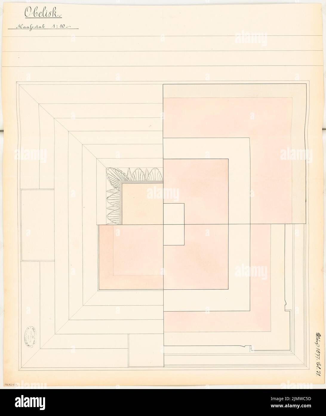 Unknown architect, a fallen monument in Jauer. Monthly competition March 1877 (03.1877): floor plan (quartered, 4 levels) 1:10. Tusche watercolor on the box, 69.4 x 58.3 cm (including scan edges) N.N. : Gefallenendenkmal, Jauer. Monatskonkurrenz März 1877 Stock Photo