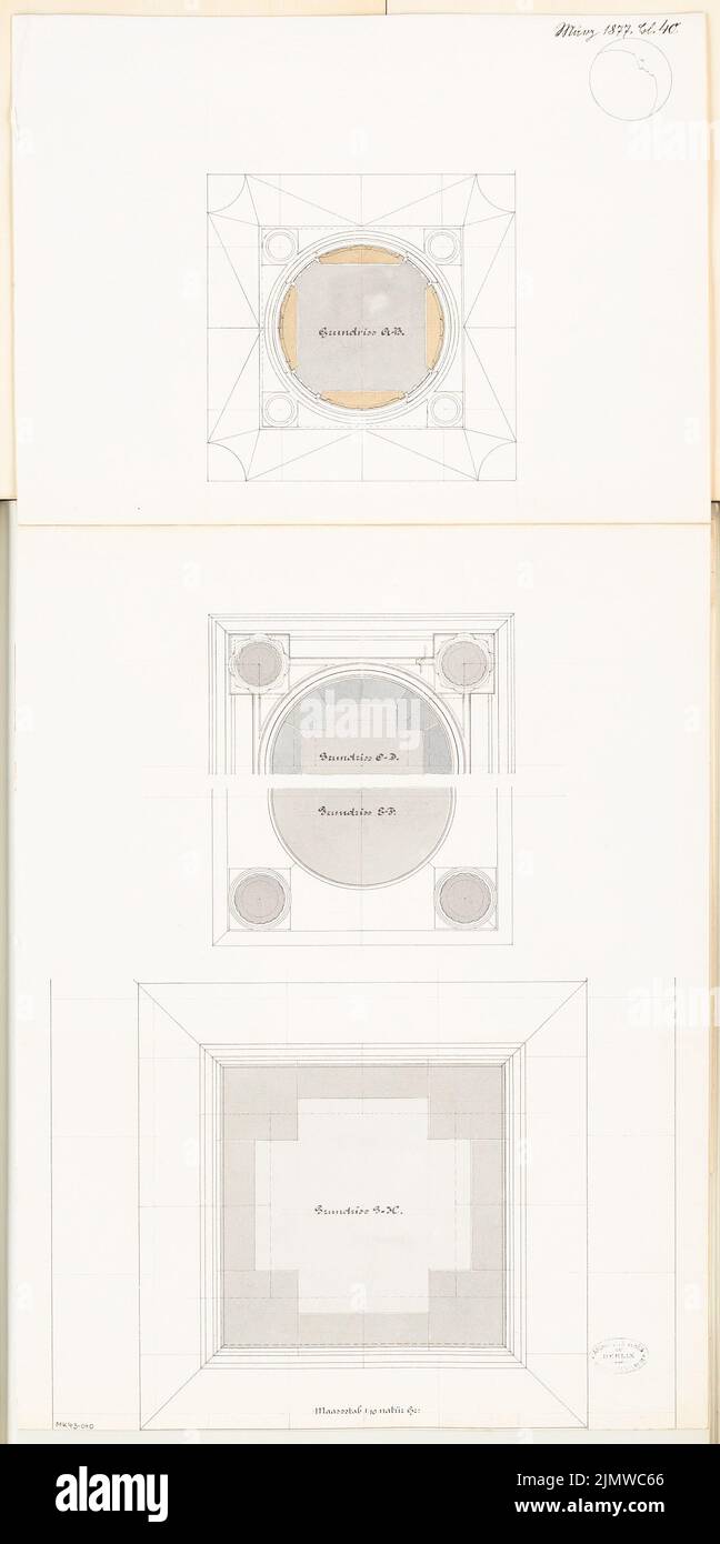 Unknown architect, a fallen monument in Jauer. Monthly competition March 1877 (03.1877): floor plans on 4 levels 1:10. Tusche watercolor on the box, pencil, 92.5 x 46.1 cm (including scan edges) N.N. : Gefallenendenkmal, Jauer. Monatskonkurrenz März 1877 Stock Photo