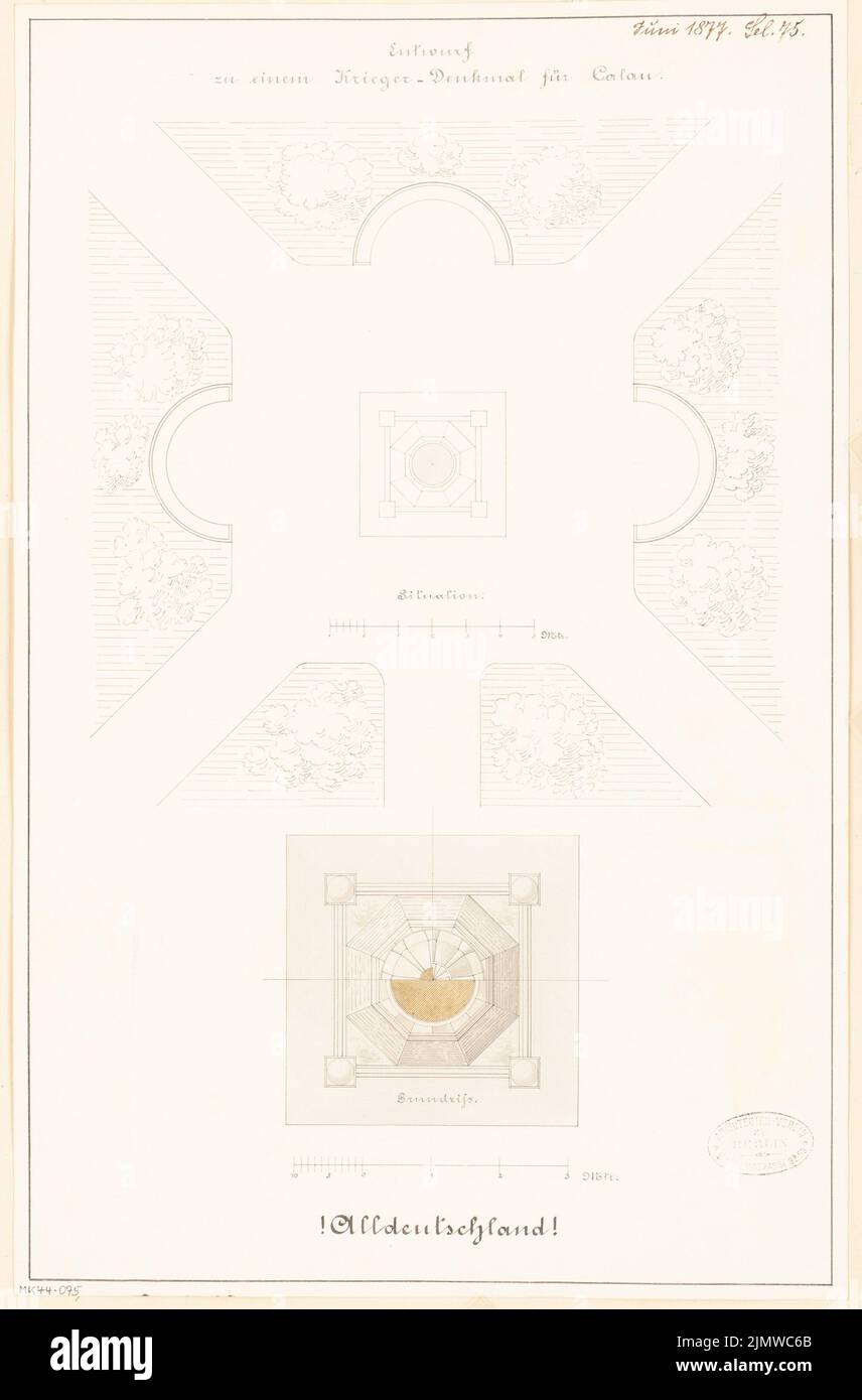 Unknown architect, a fallen monument in Calau. Monthly competition June 1877 (06.1877): site plan, floor plan (2 levels); Scale bar. Tusche watercolor on the box, 47.4 x 31.3 cm (including scan edges) N.N. : Gefallenendenkmal, Calau. Monatskonkurrenz Juni 1877 Stock Photo
