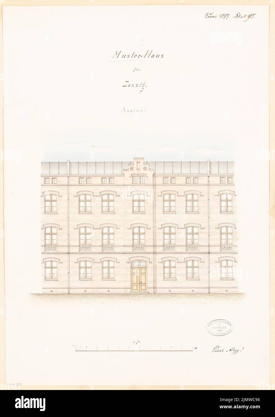 Unknown architect, blueprint for a settlement of the Abegg Foundation (with a normal home) in Gdansk. Monthly competition June 1877 (06.1877): Riss front view; Scale bar. Tusche watercolor on paper, 54.5 x 38.5 cm (including scan edges) N.N. : Bauplan für eine Siedlung der Abegg-Stiftung (mit einem Normal-Wohnhaus), Danzig. Monatskonkurrenz Juni 1877 Stock Photo