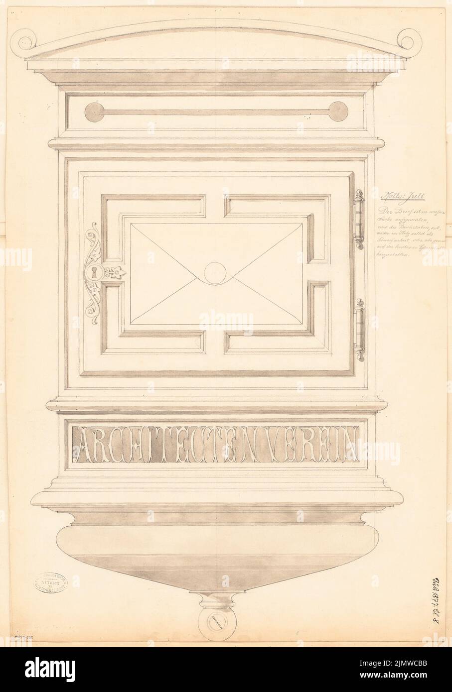 Unknown architect, house letter box for the architect association in Berlin. Monthly competition in July 1877 (07.1877): Riss front view 1: 1; Explanation text. Pencil watercolor on the box, 71.6 x 50 cm (including scan edges) N.N. : Hausbriefkasten für den Architekten-Verein zu Berlin. Monatskonkurrenz Juli 1877 Stock Photo