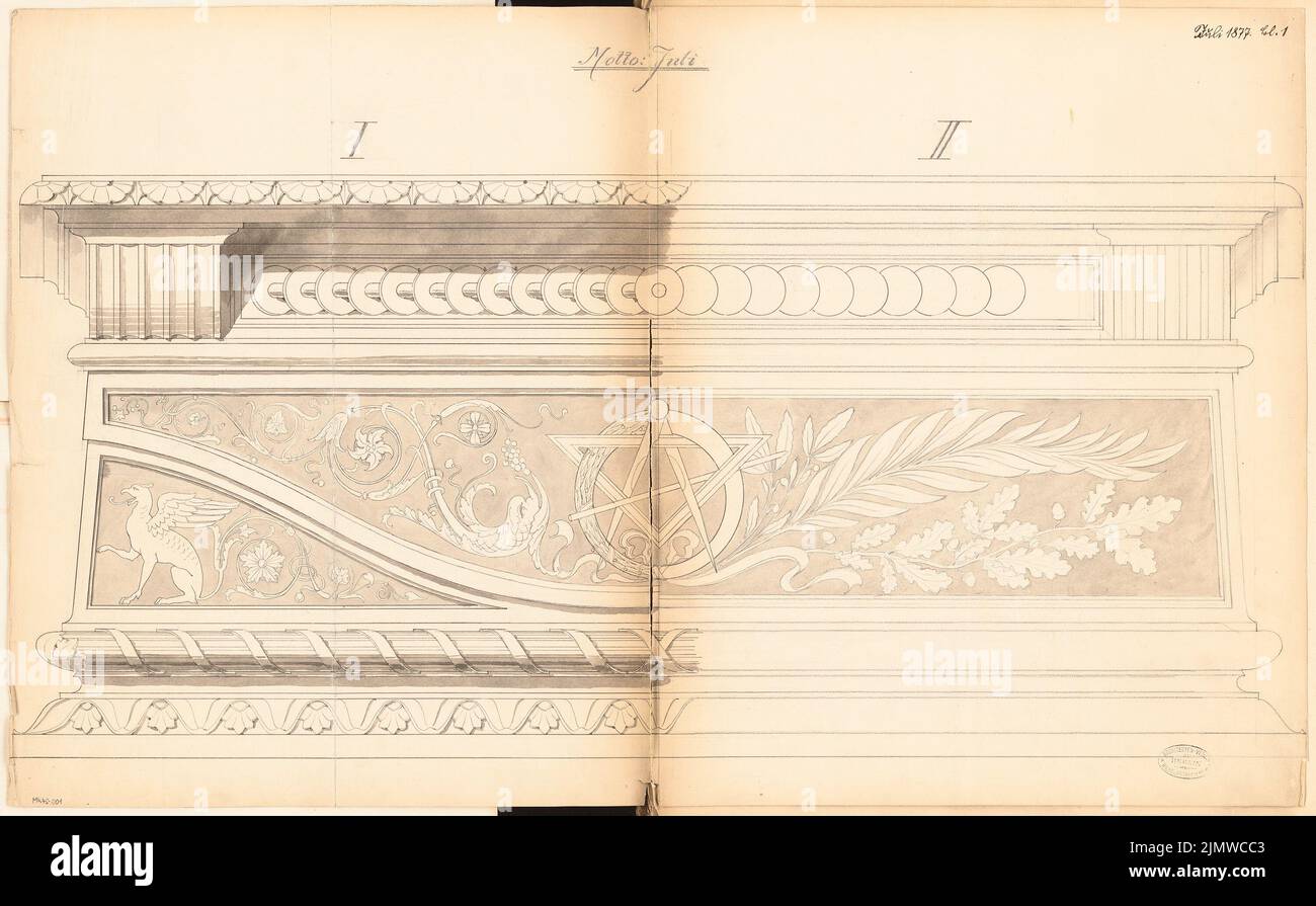 Unknown architect, talking as a table attachment. Monthly competition in July 1877 (07.1877): Riss front view with 2 decorative variants; 1: 1. Ink and pencil watercolor on the box, 56 x 90.3 cm (including scan edges) N.N. : Rednerpult als Tischaufsatz. Monatskonkurrenz Juli 1877 Stock Photo