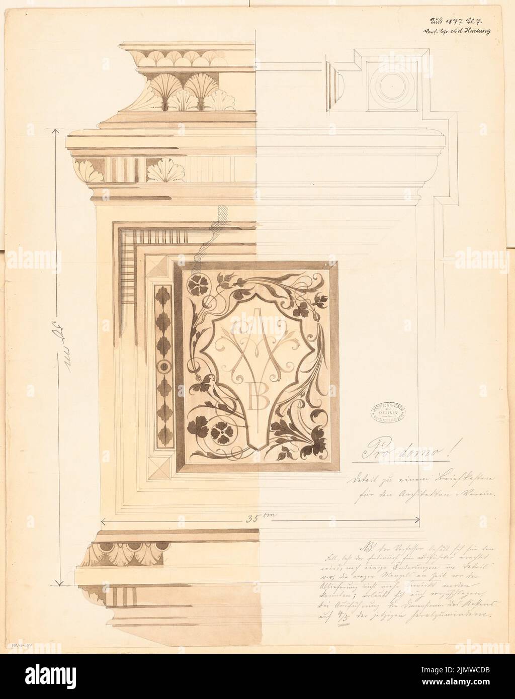 Hartung Adolf (1850-1910), house letter box for the architect association in Berlin. Monthly competition in July 1877 (07.1877): Riss front view (partially) 1: 1; Explanation text. Pencil watercolor on the box, 71.5 x 56.4 cm (including scan edges) Hartung Adolf  (1850-1910): Hausbriefkasten für den Architekten-Verein zu Berlin. Monatskonkurrenz Juli 1877 Stock Photo