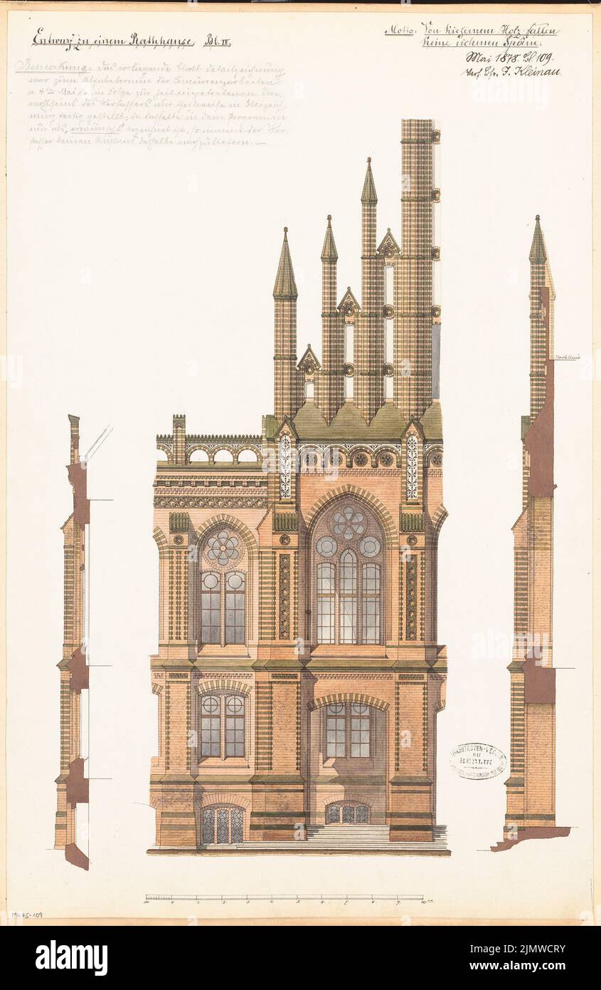 Kleinau Julius (1849-1907), town hall. Monthly competition May 1878 (05.1878): Riss front view (neckline), 2 vertical cuts of the front view; Scale bar, explanatory text. Tusche watercolor on the box, 57.8 x 37.6 cm (including scan edges) Kleinau Julius  (1849-1907): Rathaus. Monatskonkurrenz Mai 1878 Stock Photo