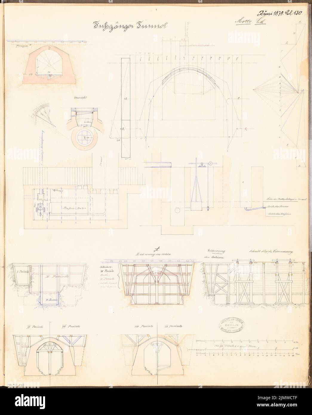 Ball Alphons de (1846-1939), pedestrian tunnel. Monthly competition May 1878 (05.1878): Numerous cross -sections (design drawings), details, design diagrams; 3 scale strips. Tusche watercolor on the box, 58.5 x 47 cm (including scan edges) Ball Alphons de  (1846-1939): Fußgängertunnel. Monatskonkurrenz Mai 1878 Stock Photo